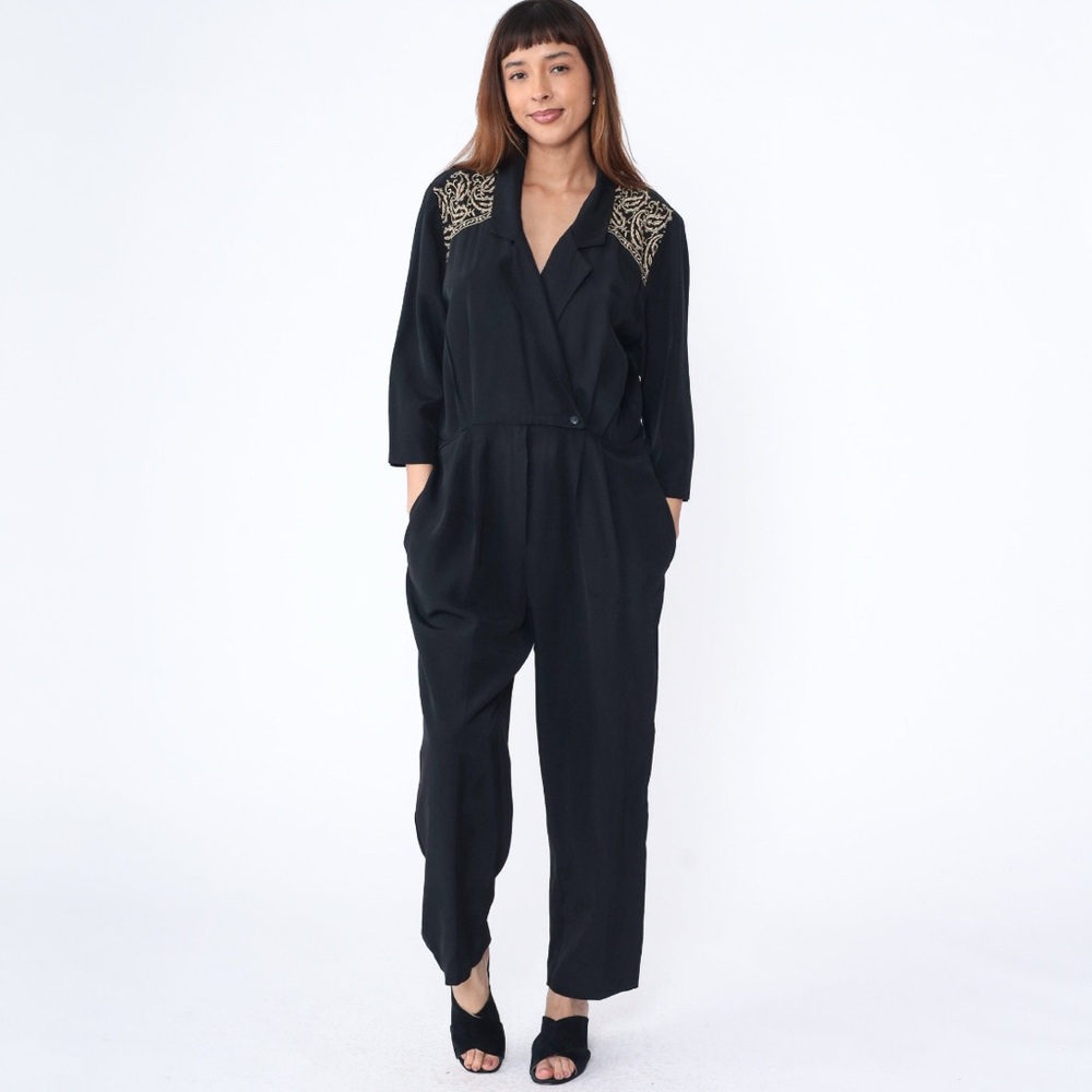 VIA SANT ANDREA | Vintage Black Gold Embroidered Shoulder Jumpsuit Sz 10P